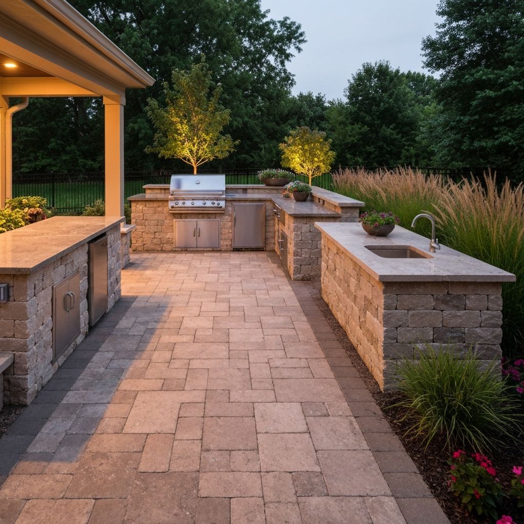 Luxury outdoor kitchen with travertine pavers