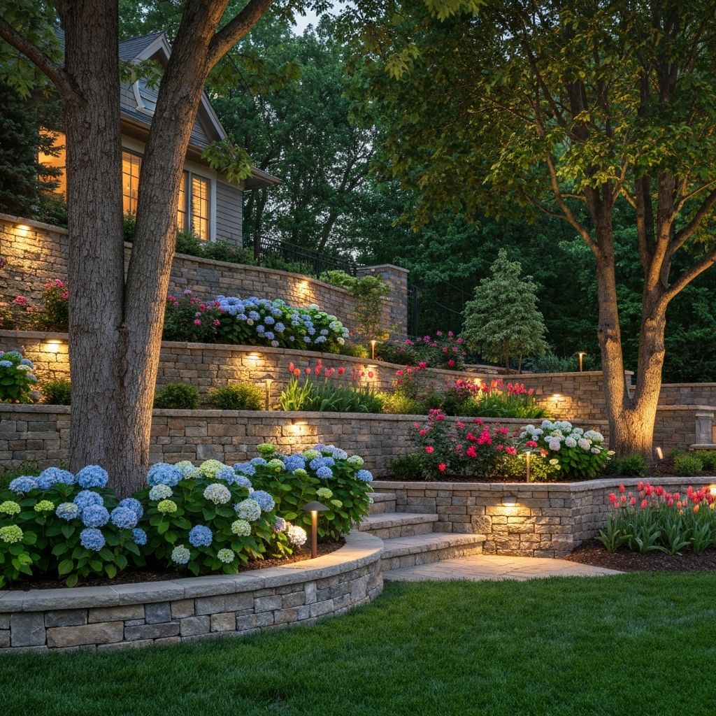Stone retaining wall with landscape lighting
