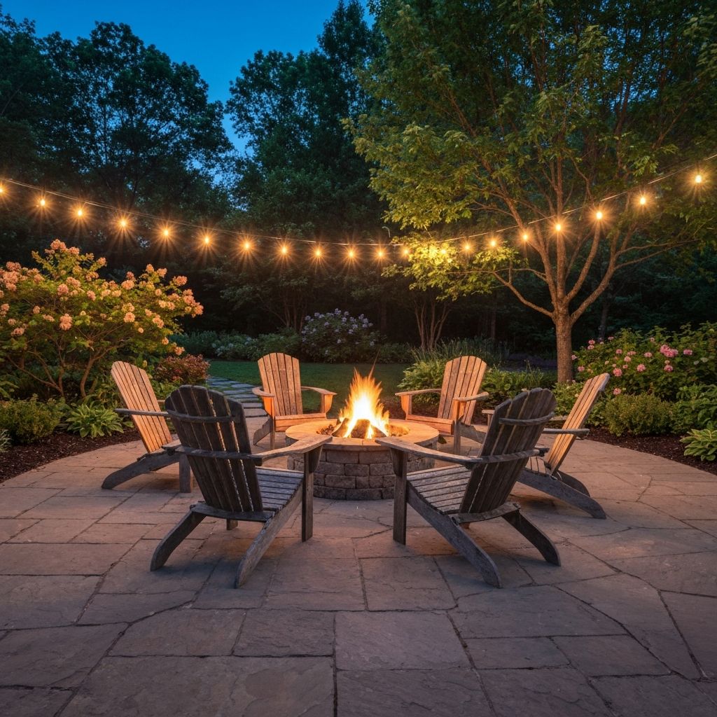 Fire pit seating area with string lights